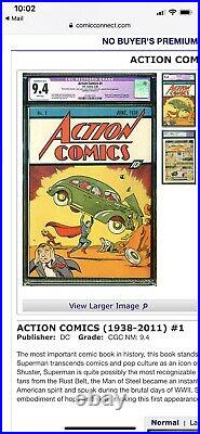 ACTION COMICS #1 Cgc 9.4 Purchased from NewsStand in 1938 original