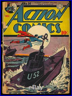 Action Comics #54 Classic Nazi WWII War Cover Early Superman DC 1942 FR-GD