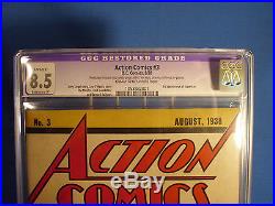 CGC Restored 8.5 ACTION COMICS #3 VF+ Cond Cream to Off-White Pages 1938