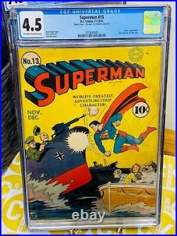 DOUBLE COVER Superman #13 CGC 4.5 1941 DC 1st DC Superman Logo WWII CLASSIC