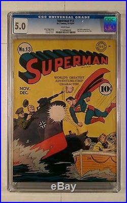 SUPERMAN #13 D. C. Comics, 11-12/1941 CGC Graded 5.0 VG/FN