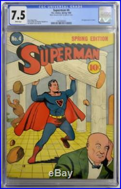 SUPERMAN COMICS #4 CGC 7.5 Superman 1940 1st original story 2nd App Lex Luthor