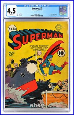 Superman #13 1941 Cgc 4.5 White Pages! Wwii Cover 1st DC Publication Logo