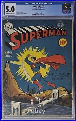 Superman #15 CGC 5.0 D. C. Comics 1942 Rare Golden Age Jerry Siegel Story