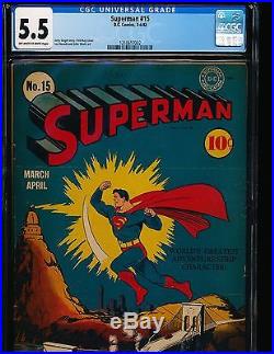Superman # 15 Jerry Siegel story & Fred Ray cover CGC 5.5 OWithWHITE Pgs