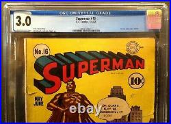 Superman #16 DC Comics 1942 Cgc 3.0 Cr/ow Pages 1st Lois Lane Cover In Title