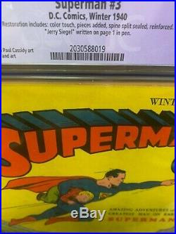 Superman 3 (1940) CGC 5.0 (R) Signed Jerry Siegel Stunning Early Superman