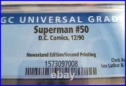 Superman #50 CGC 9.2 (DC 1990) Newsstand, Rare 2nd Print, Only 9 in census