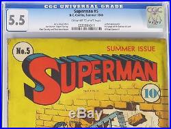 Superman #5, CGC 5.5 OW to WP, Summer 1940 DC Comics Free S&H