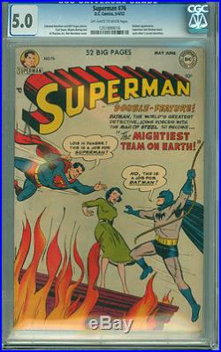 Superman 76 CGC 5.0 VG/F OWithW DC 1952 1st Superman & Batman Team-up! Looks 7.0