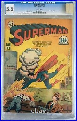 Superman #8 (1941) CGC 5.5 White pages Siegel and Shuster Ad for All-Star 3
