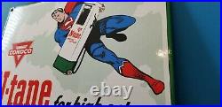 Vintage Conoco N-tane Superman Gasoline Porcelain Comic Book Service Pump Sign