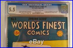 WORLD'S FINEST COMICS #5 D. C. Comics, Spring 1942 CGC Graded 5.5 FN- WWII COVER