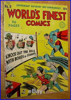 WORLD'S FINEST Comics #9 scarce DC WWII cover HITLER/Axis Batman SUPERMAN 1943